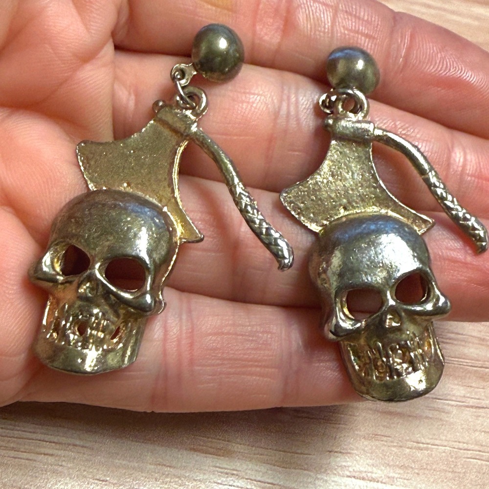 Vintage 80s Skull Axe Earrings Gold Tone Pierced Dangle Goth Punk Hatchet